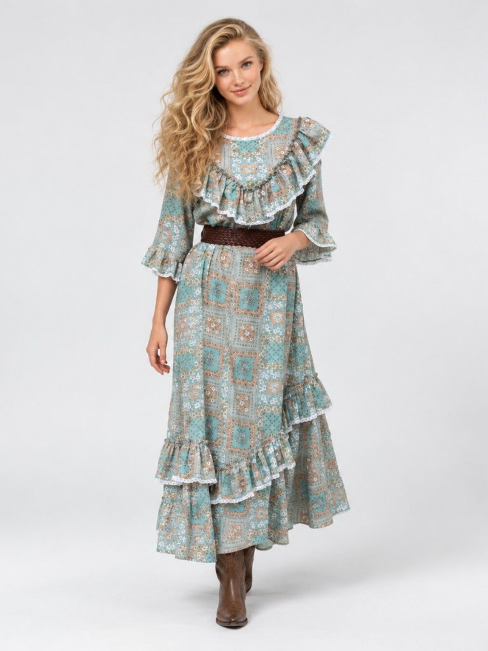 Vintage 70's Homemade Long Earth Tone Floral Ruffle Peasant Dress XL 1X